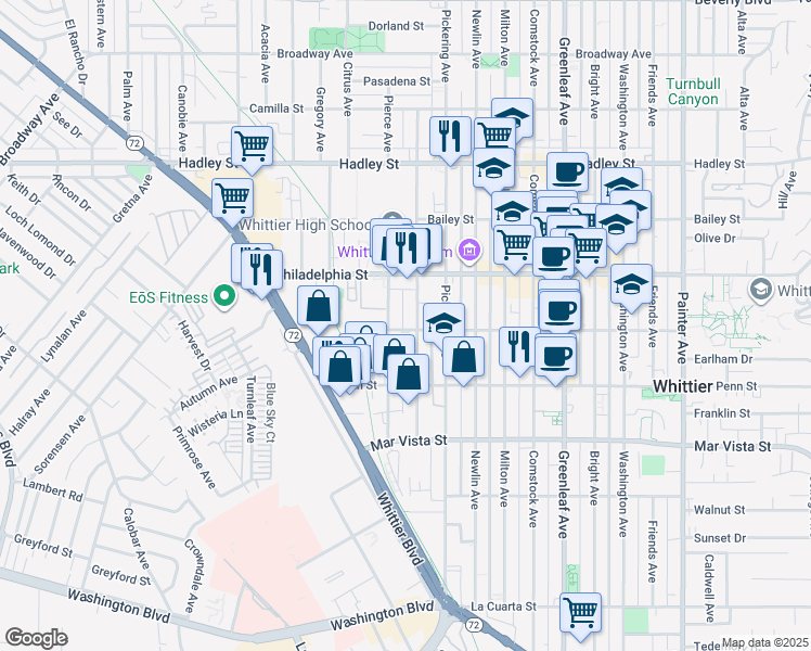map of restaurants, bars, coffee shops, grocery stores, and more near 7038 Pierce Avenue in Whittier
