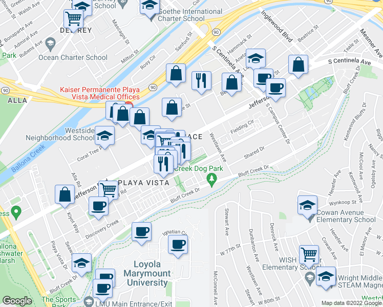 map of restaurants, bars, coffee shops, grocery stores, and more near 12665 Village Lane in Los Angeles