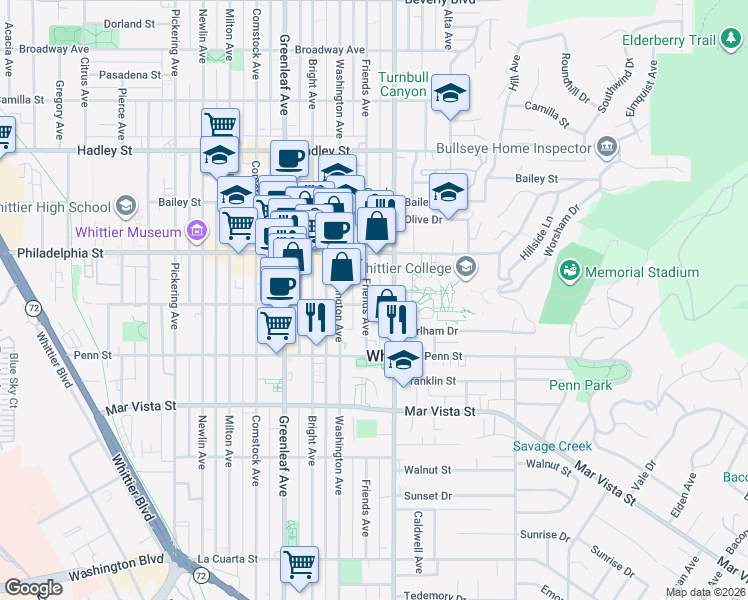 map of restaurants, bars, coffee shops, grocery stores, and more near 7052 Friends Avenue in Whittier