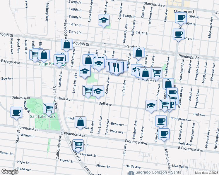map of restaurants, bars, coffee shops, grocery stores, and more near 6518 Corona Avenue in Bell