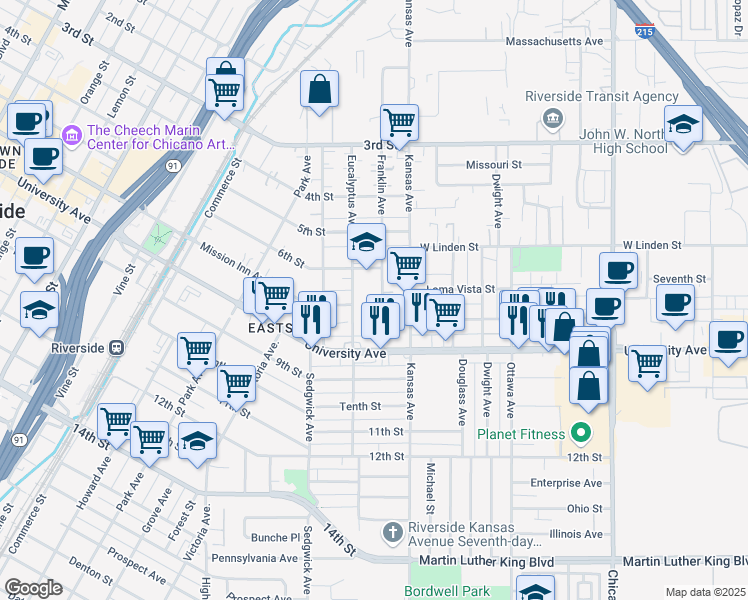 map of restaurants, bars, coffee shops, grocery stores, and more near 3485 Seventh Street in Riverside