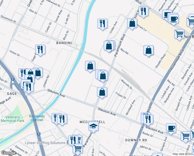 map of restaurants, bars, coffee shops, grocery stores, and more near 7744 Industry Avenue in Pico Rivera