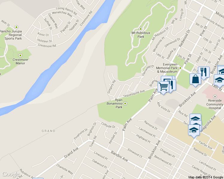 map of restaurants, bars, coffee shops, grocery stores, and more near 4816 Gregory Road in Riverside