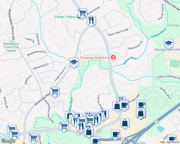 map of restaurants, bars, coffee shops, grocery stores, and more near 785 River Overlook Drive Northwest in Lawrenceville