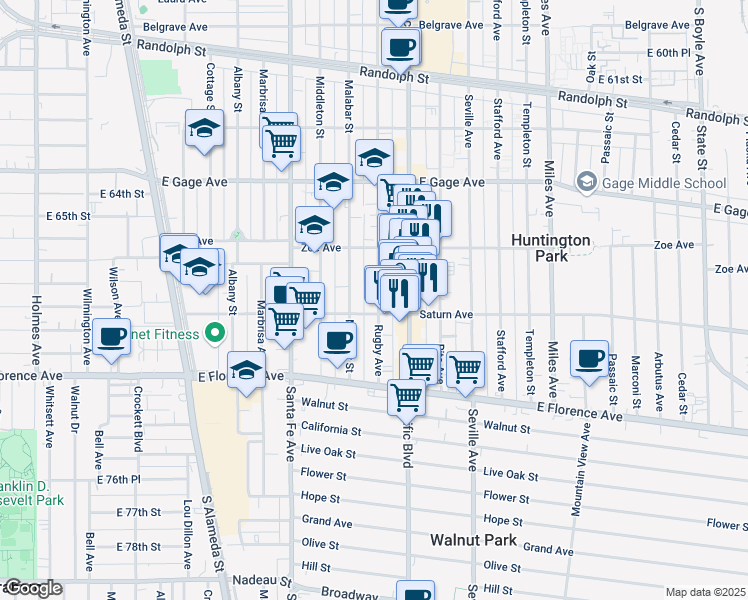 map of restaurants, bars, coffee shops, grocery stores, and more near 6817 Rugby Avenue in Huntington Park