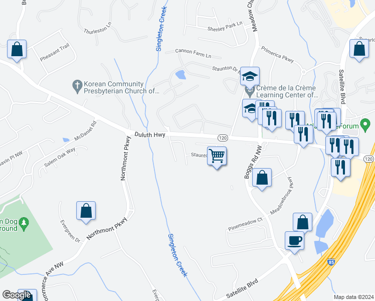 map of restaurants, bars, coffee shops, grocery stores, and more near 2213 Worrall Hill Drive in Duluth
