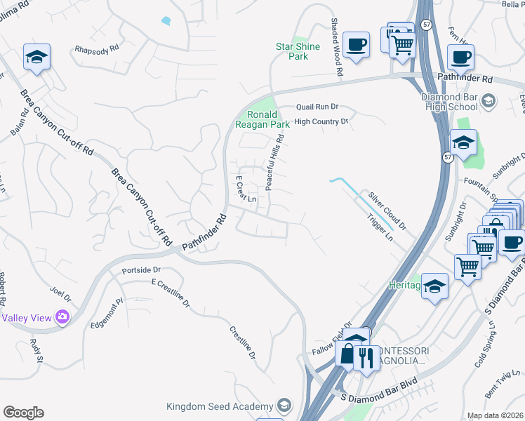 map of restaurants, bars, coffee shops, grocery stores, and more near 2652 South Quarry Lane in Walnut