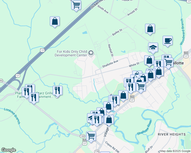 map of restaurants, bars, coffee shops, grocery stores, and more near 4913 Bridgers road in Shallotte