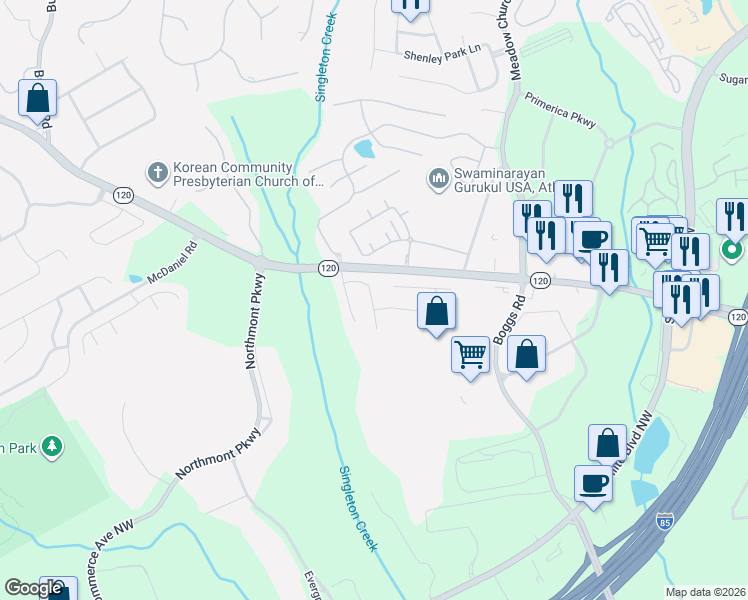 map of restaurants, bars, coffee shops, grocery stores, and more near 2266 Worrall Hill Drive in Duluth