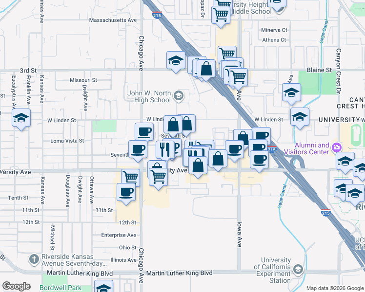 map of restaurants, bars, coffee shops, grocery stores, and more near 3681 Cranford Avenue in Riverside