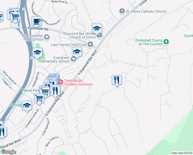 map of restaurants, bars, coffee shops, grocery stores, and more near 21849 Tenderfoot Way in Diamond Bar