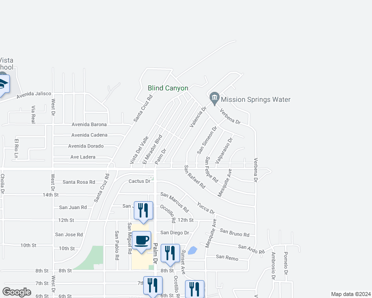 map of restaurants, bars, coffee shops, grocery stores, and more near San Rafael Road in Desert Hot Springs