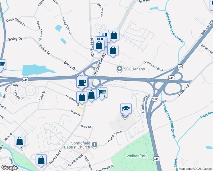 map of restaurants, bars, coffee shops, grocery stores, and more near 205 Old Hull Road in Athens