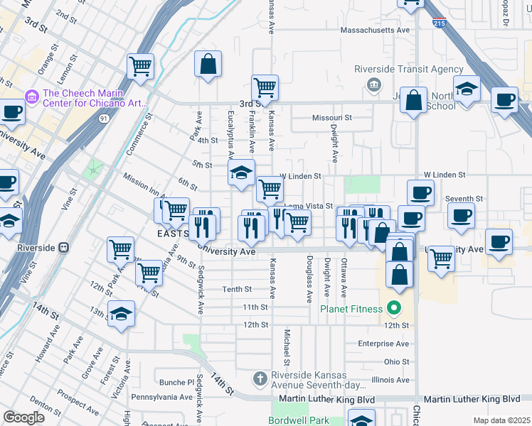 map of restaurants, bars, coffee shops, grocery stores, and more near 2125 Seventh Street in Riverside