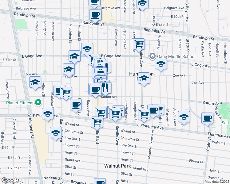map of restaurants, bars, coffee shops, grocery stores, and more near 6760 Seville Avenue in Huntington Park
