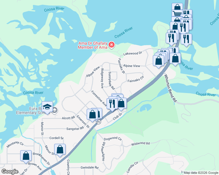map of restaurants, bars, coffee shops, grocery stores, and more near 242 Sunnydale Road in Gadsden