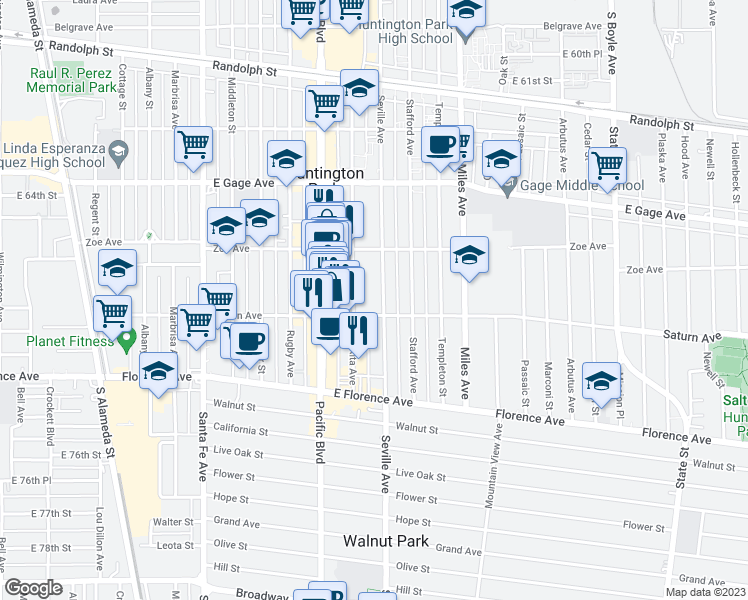 map of restaurants, bars, coffee shops, grocery stores, and more near 6815 Seville Avenue in Huntington Park