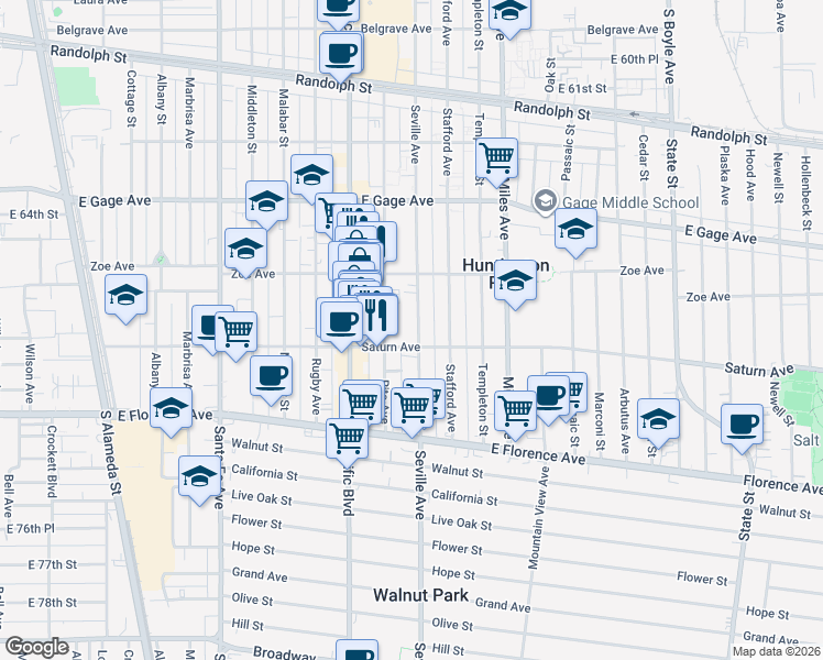 map of restaurants, bars, coffee shops, grocery stores, and more near 6815 Seville Avenue in Huntington Park