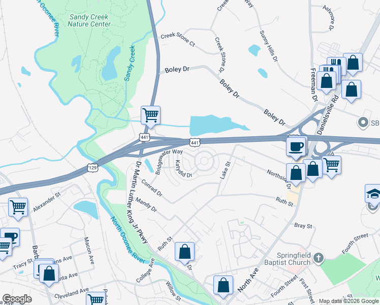 map of restaurants, bars, coffee shops, grocery stores, and more near 421 Bridgewater Way in Athens