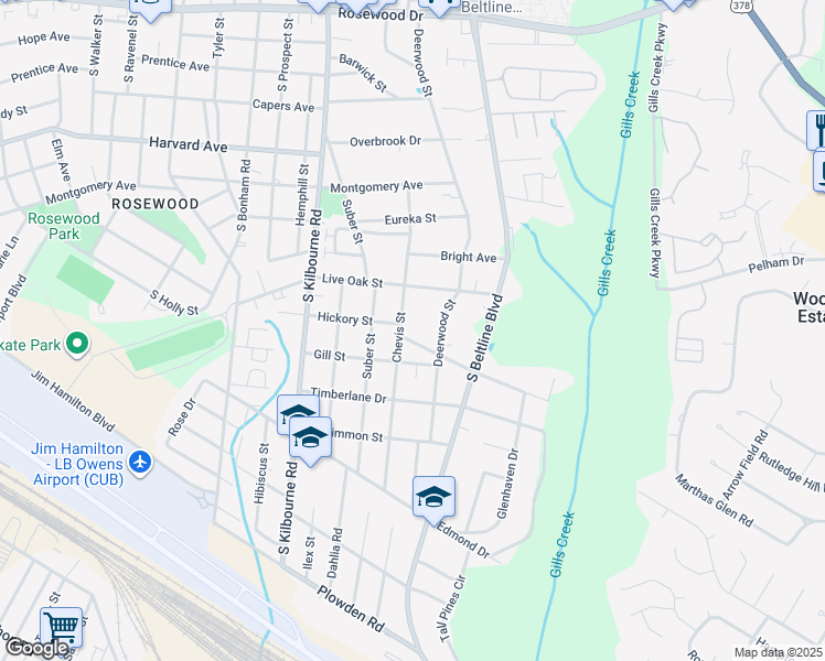 map of restaurants, bars, coffee shops, grocery stores, and more near 3950 Live Oak Street in Columbia