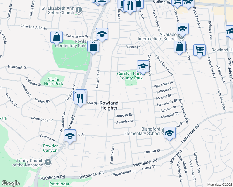 map of restaurants, bars, coffee shops, grocery stores, and more near 18421 Rocky Court in Rowland Heights