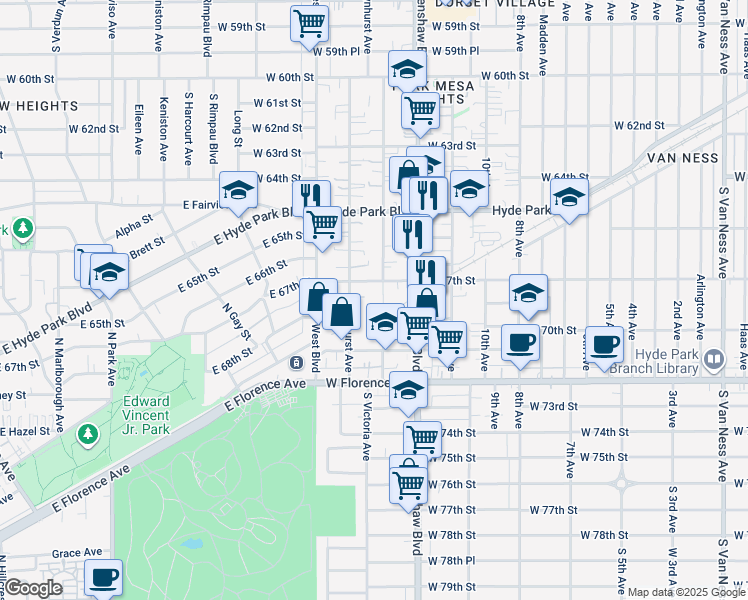 map of restaurants, bars, coffee shops, grocery stores, and more near 3488 West 67th Street in Los Angeles