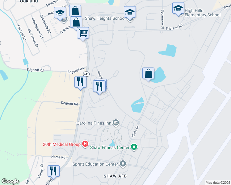 map of restaurants, bars, coffee shops, grocery stores, and more near 369 Rhodes Avenue in Shaw Air Force Base