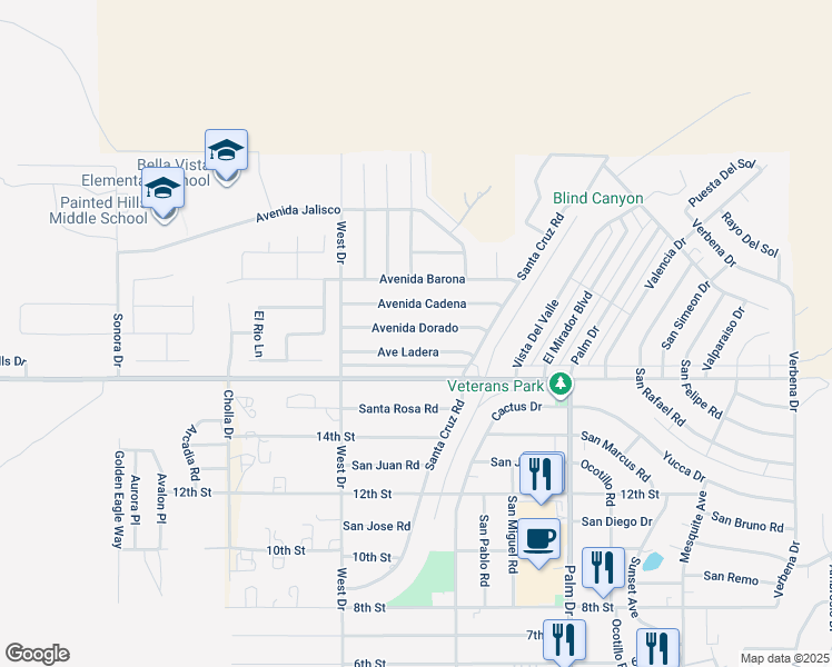map of restaurants, bars, coffee shops, grocery stores, and more near 66124 Avenida Dorado in Desert Hot Springs