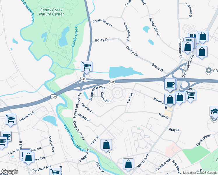 map of restaurants, bars, coffee shops, grocery stores, and more near 421 Bridgewater Way in Athens