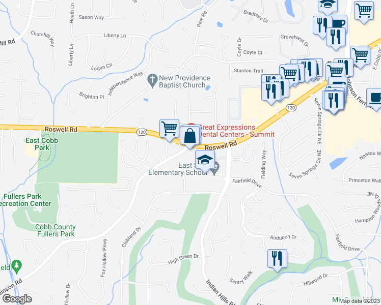 map of restaurants, bars, coffee shops, grocery stores, and more near 3822 Roswell Road in Marietta