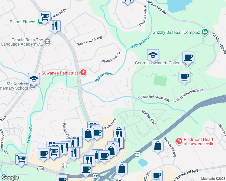 map of restaurants, bars, coffee shops, grocery stores, and more near 741 Sugar Oak Lane in Lawrenceville