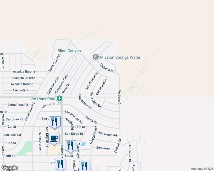 map of restaurants, bars, coffee shops, grocery stores, and more near 9650 Valparaiso Drive in Desert Hot Springs