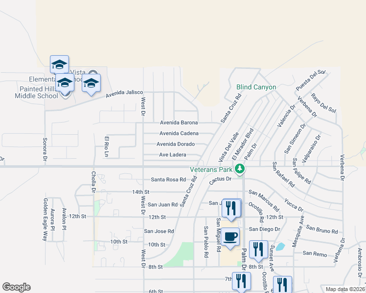 map of restaurants, bars, coffee shops, grocery stores, and more near 66214 Avenida Dorado in Desert Hot Springs