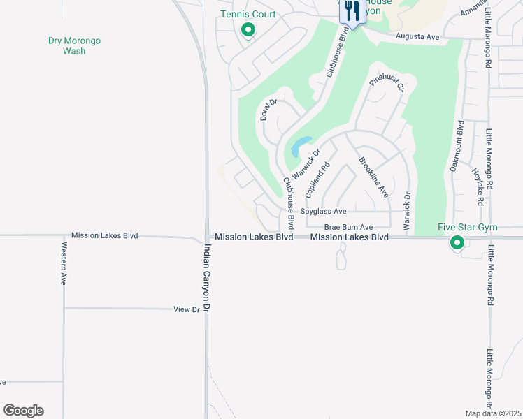 map of restaurants, bars, coffee shops, grocery stores, and more near 9668 Spyglass Avenue in Desert Hot Springs