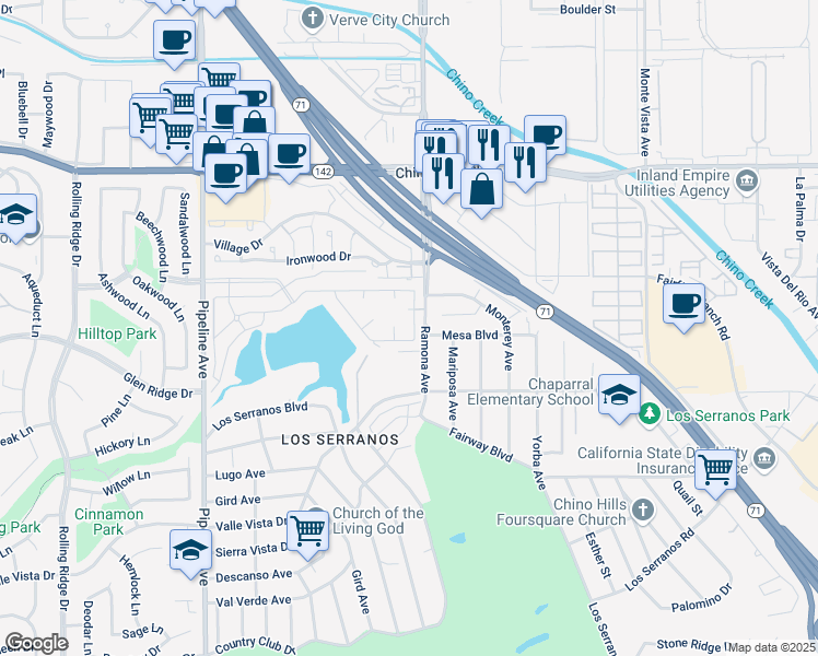 map of restaurants, bars, coffee shops, grocery stores, and more near 8522 Brookview Court in Chino Hills