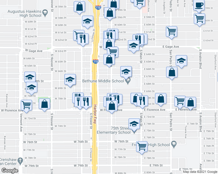 map of restaurants, bars, coffee shops, grocery stores, and more near 6809 1/4 South Broadway in Los Angeles