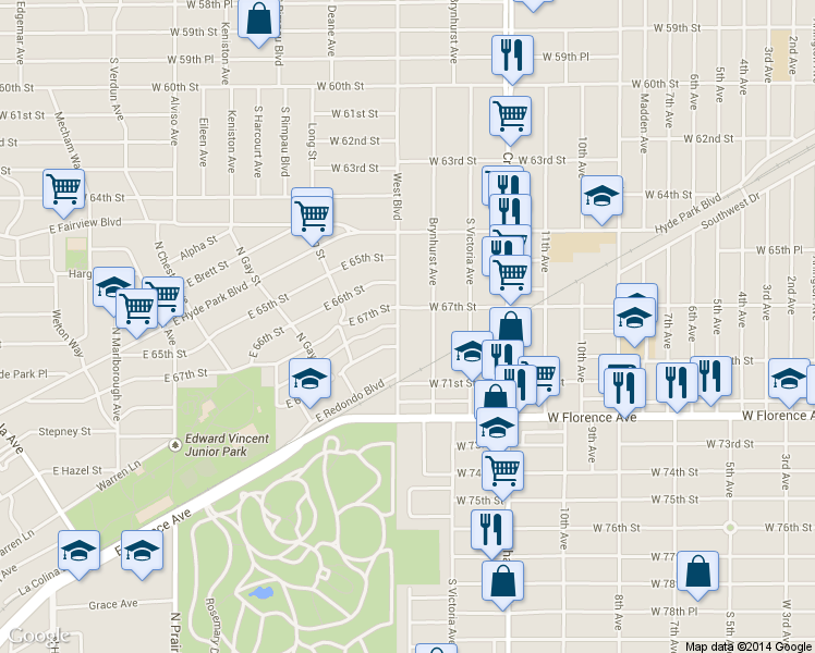 map of restaurants, bars, coffee shops, grocery stores, and more near 6700 West Boulevard in Los Angeles
