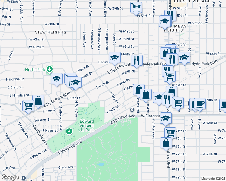 map of restaurants, bars, coffee shops, grocery stores, and more near 902 North Gay Street in Inglewood