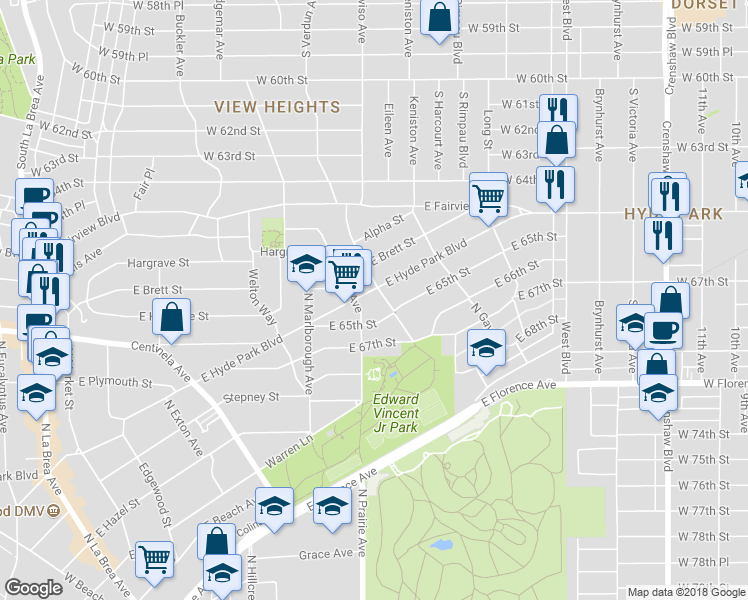 map of restaurants, bars, coffee shops, grocery stores, and more near 811 East Hyde Park Boulevard in Inglewood