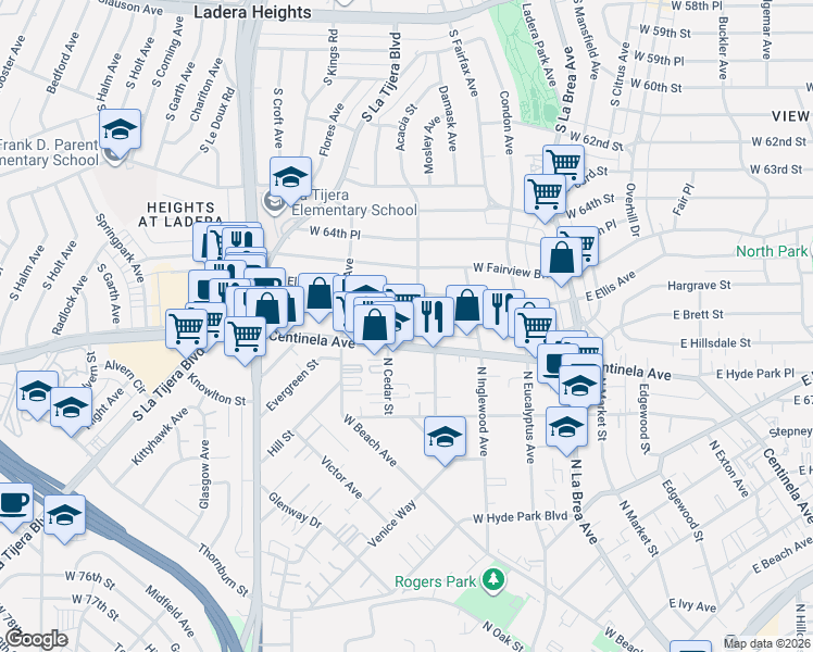 map of restaurants, bars, coffee shops, grocery stores, and more near 423 West Hillsdale Street in Inglewood