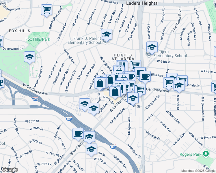 map of restaurants, bars, coffee shops, grocery stores, and more near 6740 South Garth Avenue in Los Angeles