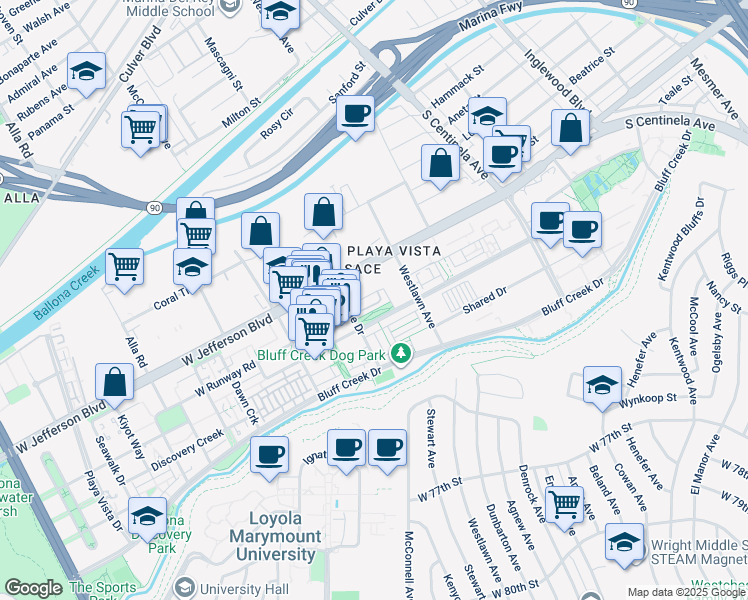 map of restaurants, bars, coffee shops, grocery stores, and more near 12665 Village Lane in Los Angeles