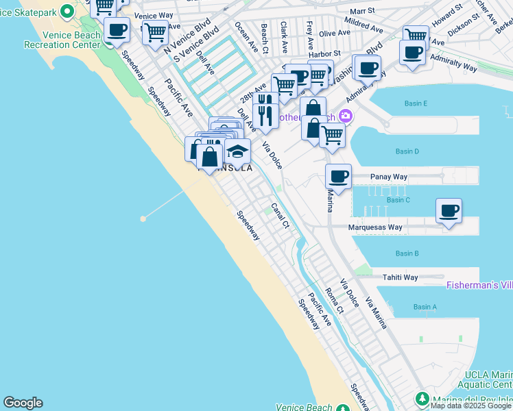map of restaurants, bars, coffee shops, grocery stores, and more near 3400 Pacific Avenue in Marina del Rey