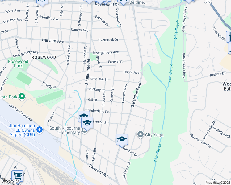 map of restaurants, bars, coffee shops, grocery stores, and more near 3950 Live Oak Street in Columbia