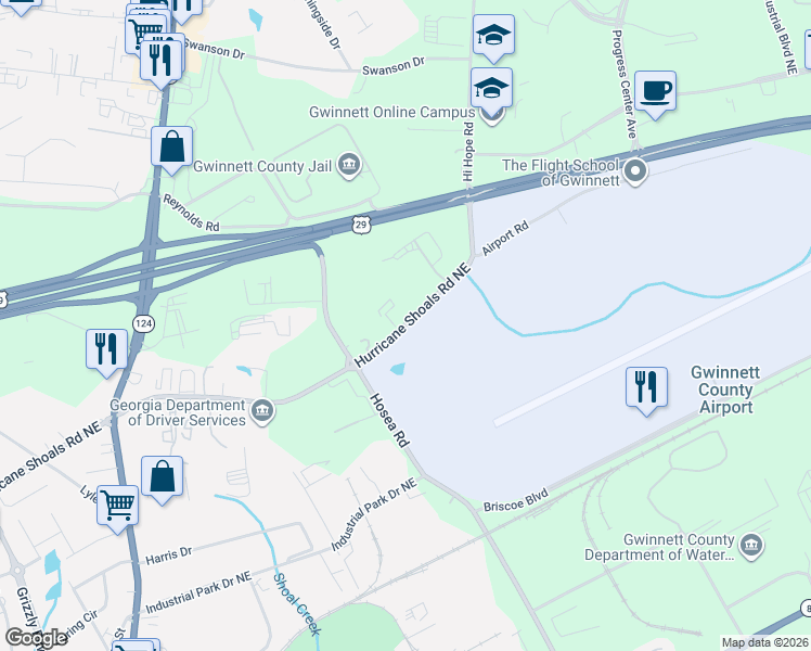 map of restaurants, bars, coffee shops, grocery stores, and more near 519 Hurricane Shoals Road Northeast in Lawrenceville