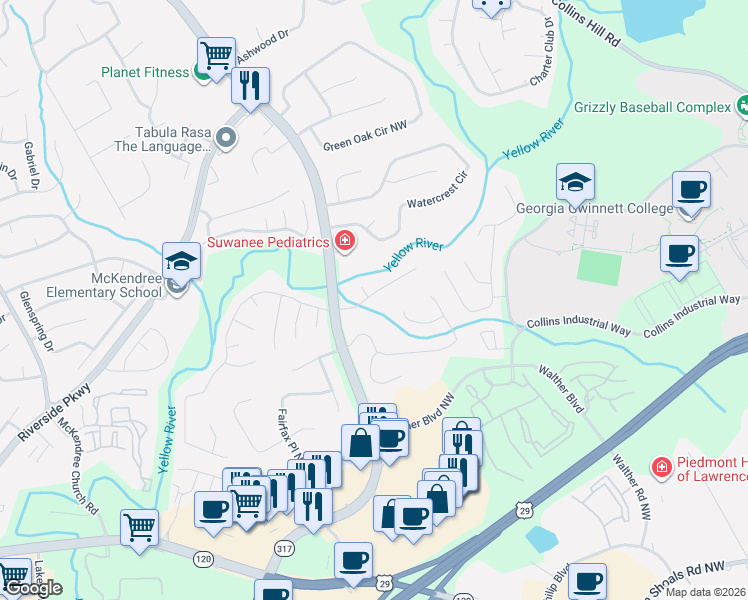 map of restaurants, bars, coffee shops, grocery stores, and more near 545 River Overlook Drive Northwest in Lawrenceville