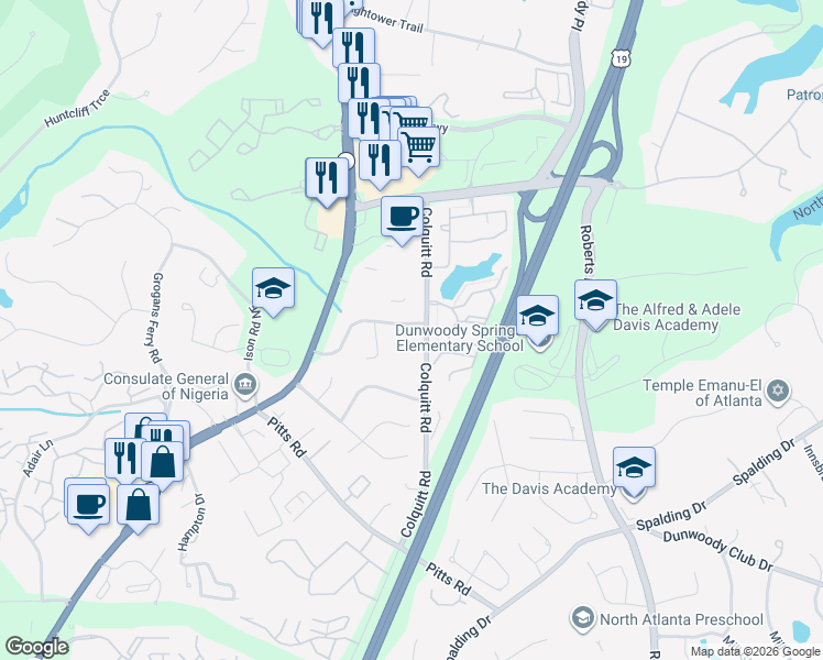map of restaurants, bars, coffee shops, grocery stores, and more near 582 Northridge Crossing Drive in Atlanta