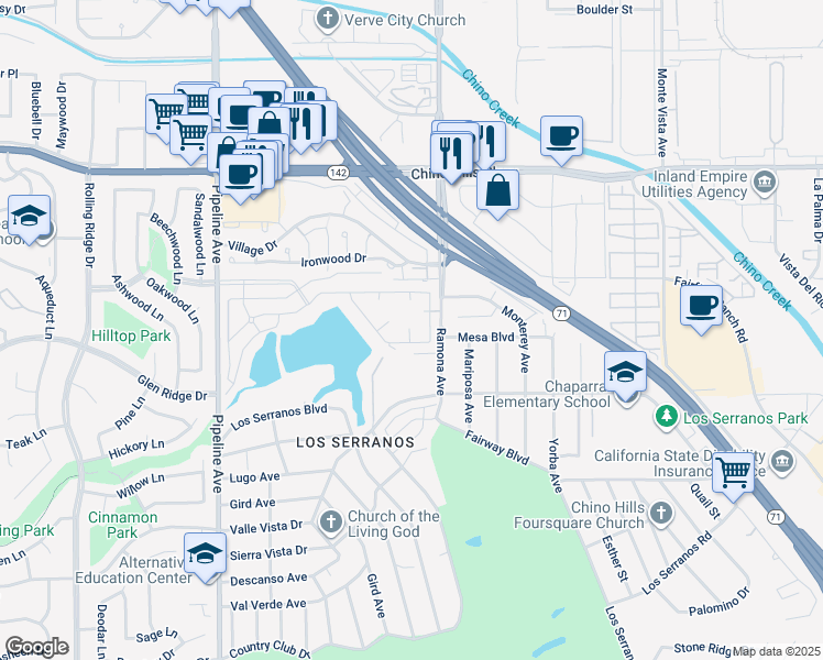 map of restaurants, bars, coffee shops, grocery stores, and more near 15111 Pipeline Avenue in Chino Hills