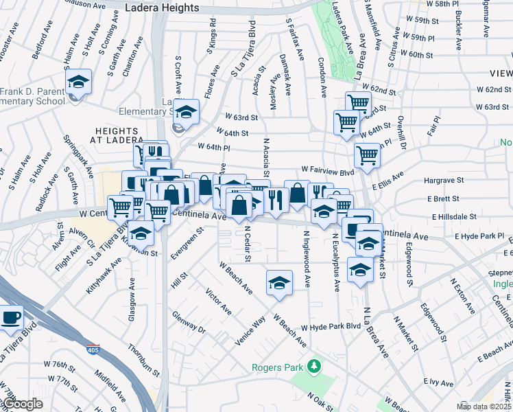 map of restaurants, bars, coffee shops, grocery stores, and more near 408 West Hillsdale Street in Inglewood