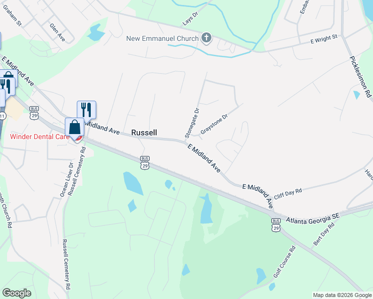 map of restaurants, bars, coffee shops, grocery stores, and more near 421 East Midland Avenue in Winder